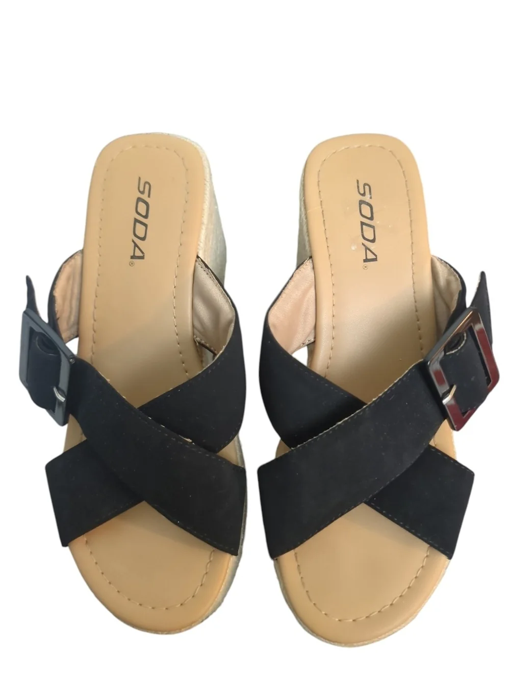 Soda Black Espadrille Platform Wedge Slide Sandals Sz 7.5 CrissCross Buckle Boho